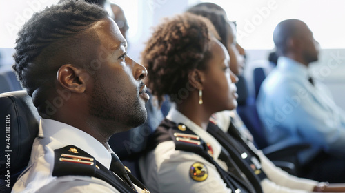 Pilots and flight attendants attending a workshop on the benefits and use of biofuel in aviation promoting education and awareness