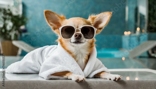 Chihuahua dog relaxing and lying, in spa wellness center ,wearing a bathrobe and funny sunglasses