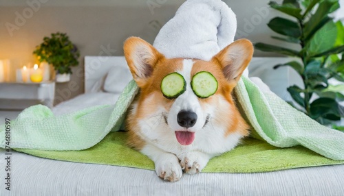 Cute red and white corgi lays on the bed relaxed from spa procedures on face with cucumber  covered with a towel.