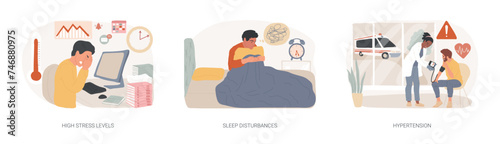 Stressful life isolated concept vector illustration set. High stress levels, sleep disturbances, hypertension, digital overload, mental health, high blood pressure, insomnia vector concept.