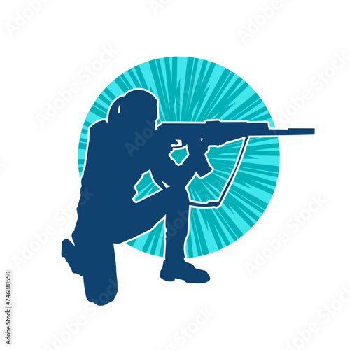 Silhouette of a female shooter firing sniper long barrel rifle gun weapon