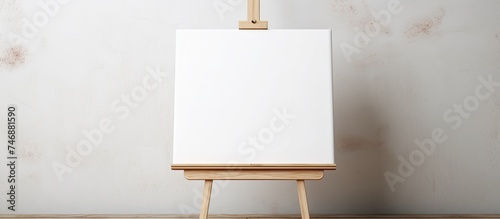 A wooden easel stands with a blank canvas waiting for a custom design. The canvas is ready to be filled with artistic creations, perched on the support of the easel.
