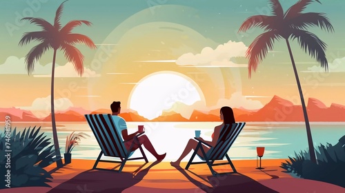 Tropical zone island flat color vector illustration. Beach retreat. Couple drinking cocktails and relaxing along the coastline very cute cartoon characters