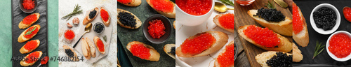 Set of tasty toasts with red and black caviar