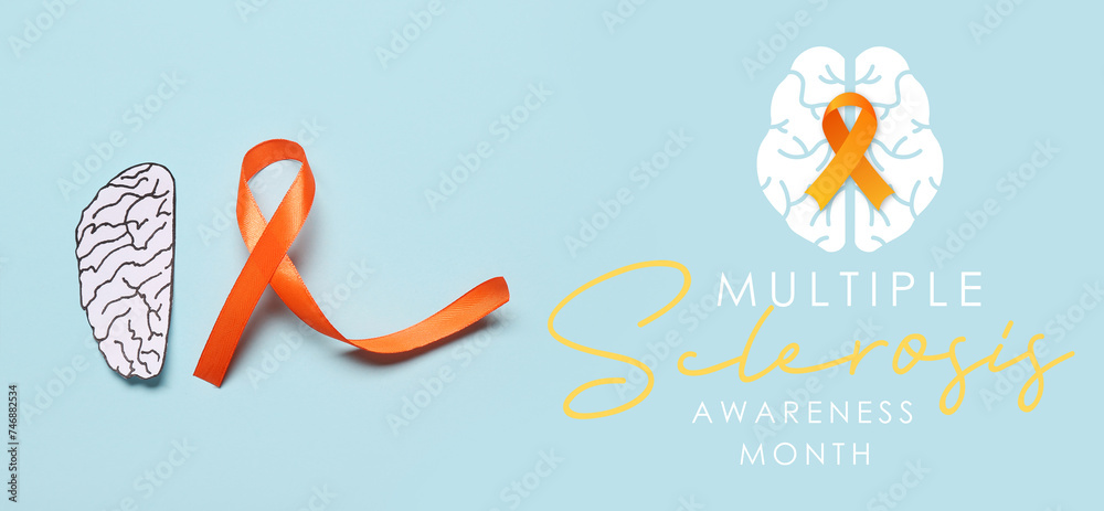 Awareness banner for Multiple Sclerosis Awareness Month with paper brain and orange ribbon - obrazy, fototapety, plakaty 
