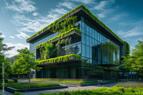 Eco friendly modern glass building in green city of the future. Green trees and sustainable futuristic skyscraper. Reducing heat and carbon dioxide. Ecology, green living in city, urban environment