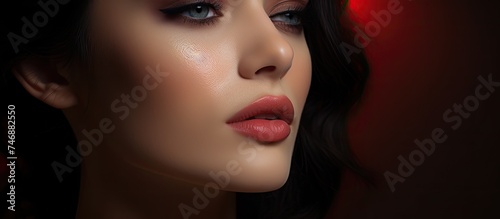 A close-up portrait of a woman with dark hair and bold red lipstick. She exudes confidence and elegance with her flawless makeup. The focus is on her striking features  especially her lips and eyes.