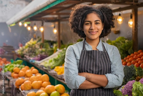 Portrait of a young entrepreneur in a fresh produce store  with curly and tousled hair  and a dynamic  entrepreneurial expression  in a well-lit and modern supermarket environment.