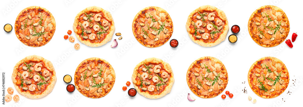 Set of tasty seafood pizza on white background, top view Set of tasty seafood pizza on white background, top view