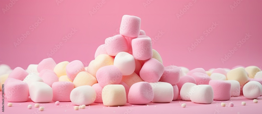 A vibrant pile of multicolored marshmallows sits on a pink background. This festive holiday treat is perfect for gift giving or as a sweet snack for children. The selective focus highlights the
