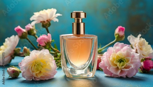 Perfume bottle with flowers on color background