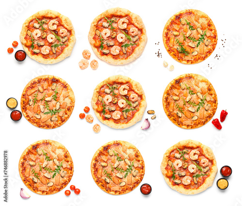 Collection of tasty seafood pizza on white background, top view