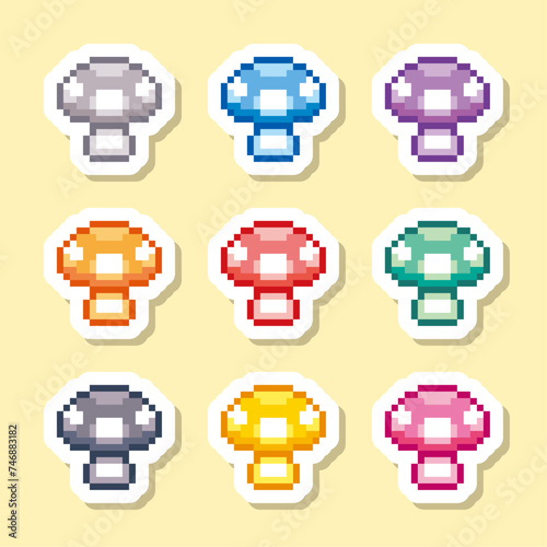 9色のキノコのピクセルアート ラベル