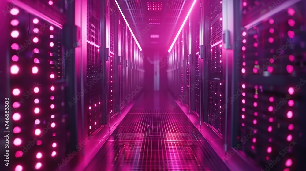 A corridor between rows of high-capacity servers in a data center illuminated with neon lights, showcasing modern digital infrastructure.