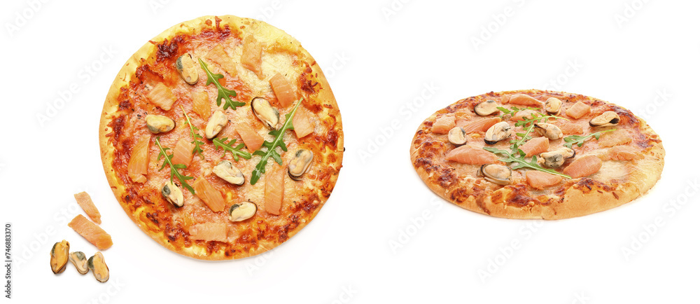 Collage of tasty seafood pizza on white background Collage of tasty seafood pizza on white background