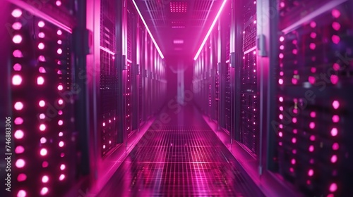 A corridor between rows of high-capacity servers in a data center illuminated with neon lights, showcasing modern digital infrastructure.