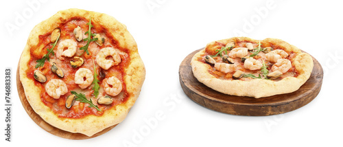 Collage of tasty seafood pizza on white background, top view