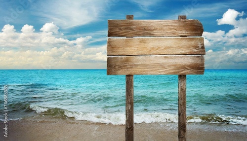 Wooden signboard on the sea background