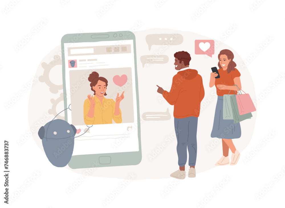 Virtual influencer isolated concept vector illustration. Influencer marketing, digital agency service, virtual character, computer-generated person, social media, brand avatar vector concept. Virtual influencer isolated concept vector illustration. Influencer marketing, digital agency service, virtual character, computer-generated person, social media, brand avatar vector concept.