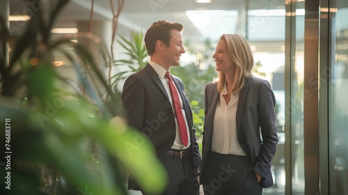 Two businesspeople with excellent project vision. A male and female businessman having a pleasant conversation in front of the office. generative AI