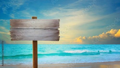 Wooden signboard on the sea background 