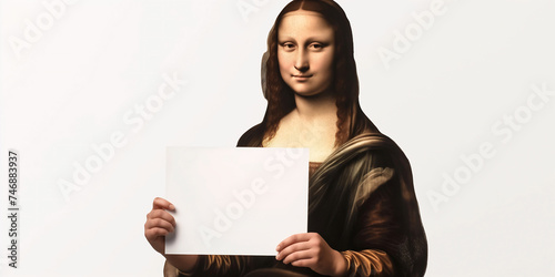 an abstract realistic painting of the Mona Lisa holding a blank sign or a placard  isolated on a white background, header or banner photo