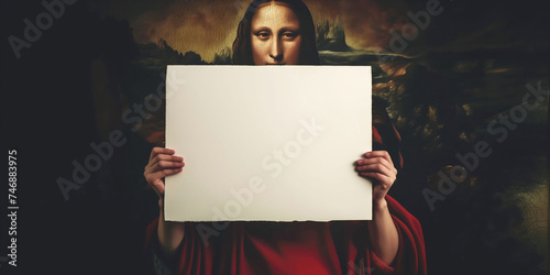 an abstract realistic painting of the Mona Lisa holding a blank sign or a placard, wide banner, header photo