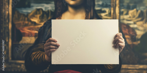 an abstract realistic painting of the Mona Lisa holding a blank sign or a placard, wide banner, header photo