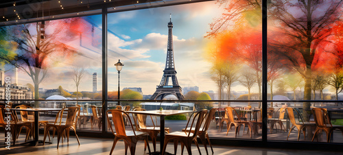 illustration of a paris cafe trees and the eiffel tower springtime in paris, ai generative
