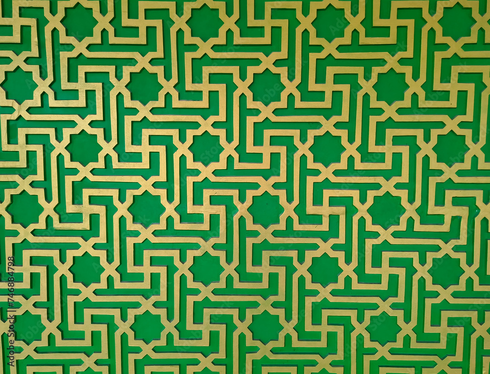 Green and yellow Islamic background with traditional style arabic. Seamless pattern for card, background, fabric or abstract design. Muslim ornament. Green and yellow Islamic background with traditional style arabic. Seamless pattern for card, background, fabric or abstract design. Muslim ornament.