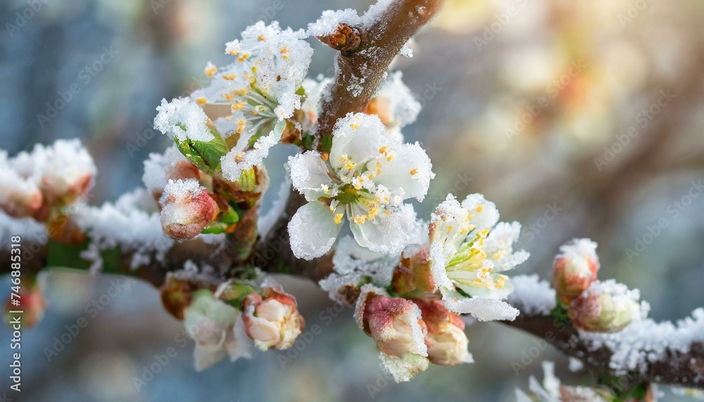 Frost on Fruit Tree Blossoms. Protecting Fruit Trees From Frost Damage. Frost Damage on Buds in Blossom Tree Fruit Frost on Fruit Tree Blossoms. Protecting Fruit Trees From Frost Damage. Frost Damage on Buds in Blossom Tree Fruit
