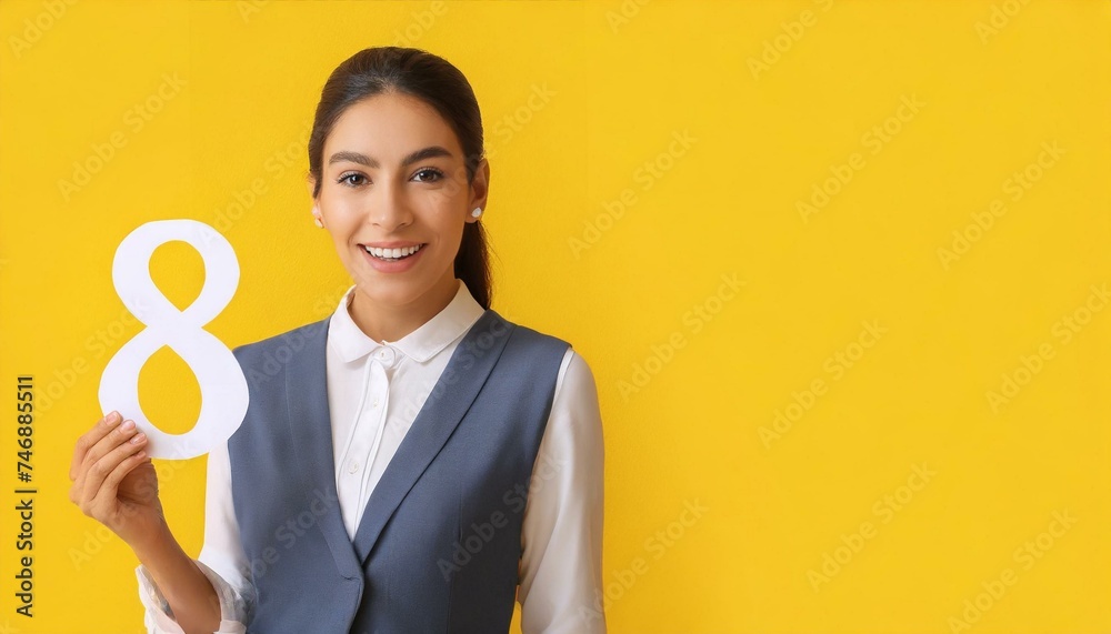 Surprised woman with paper figure 8 on yellow background with space for text. International Women's Day
Surprised woman with paper figure 8 on yellow background with space for text. International Women's Day