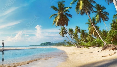 Panorama of tropical beach with coconut palm trees.  Travel  holdiay  summer concept.  