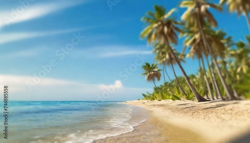 Panorama of tropical beach with coconut palm trees. Travel, holdiay, summer concept. 