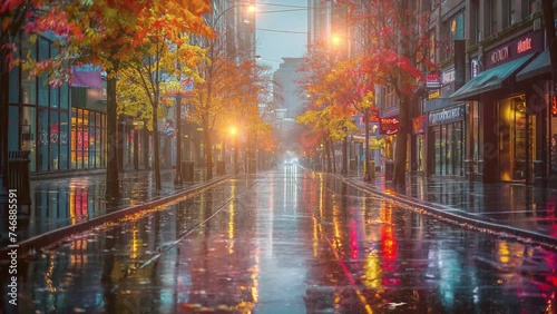 wet street in downtown . rainy day in a city. seamless looping overlay 4k virtual video animation background photo