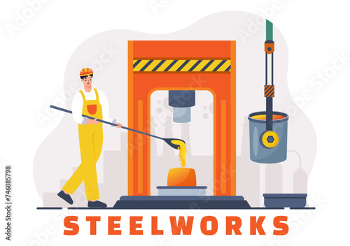Steelworks Vector Illustration with Resource Mining, Smelting of Metal in Big Foundry and Hot Steel Pouring in Flat Cartoon Background Design