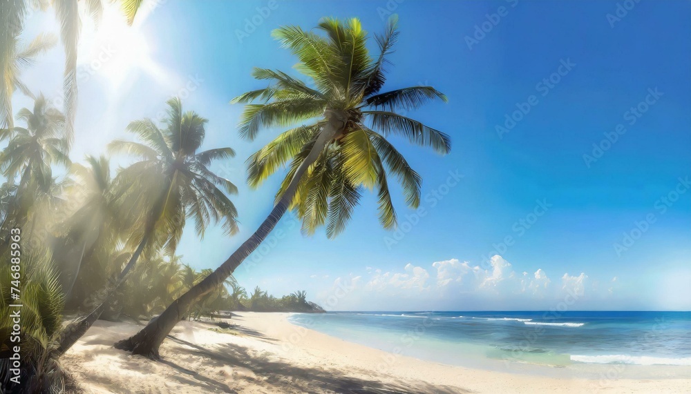 Panorama of tropical beach with coconut palm trees	
