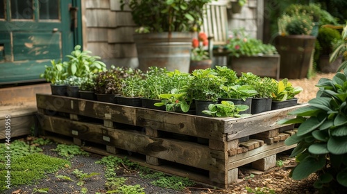 Growing herbs in a garden made from upcycled materials. 
