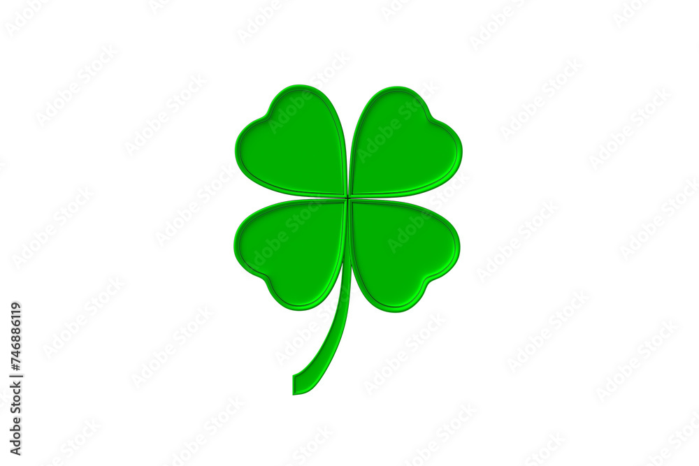Clover with four leaves and stem isolated on white background. St. Patrick's day. Good luck symbol. Top view. 3d render