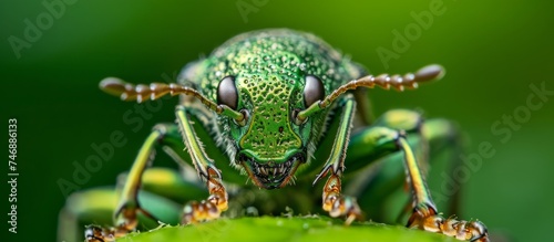 Vibrant Green Beetle Posing Gracefully on a Lush Leaf in Nature