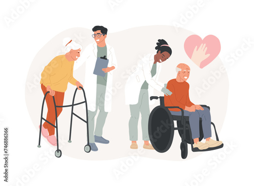 Care for the elderly isolated concept vector illustration. Eldercare, senior homesick nursing, care services, happy on wheelchair, home support, retired people, nursing home vector concept.