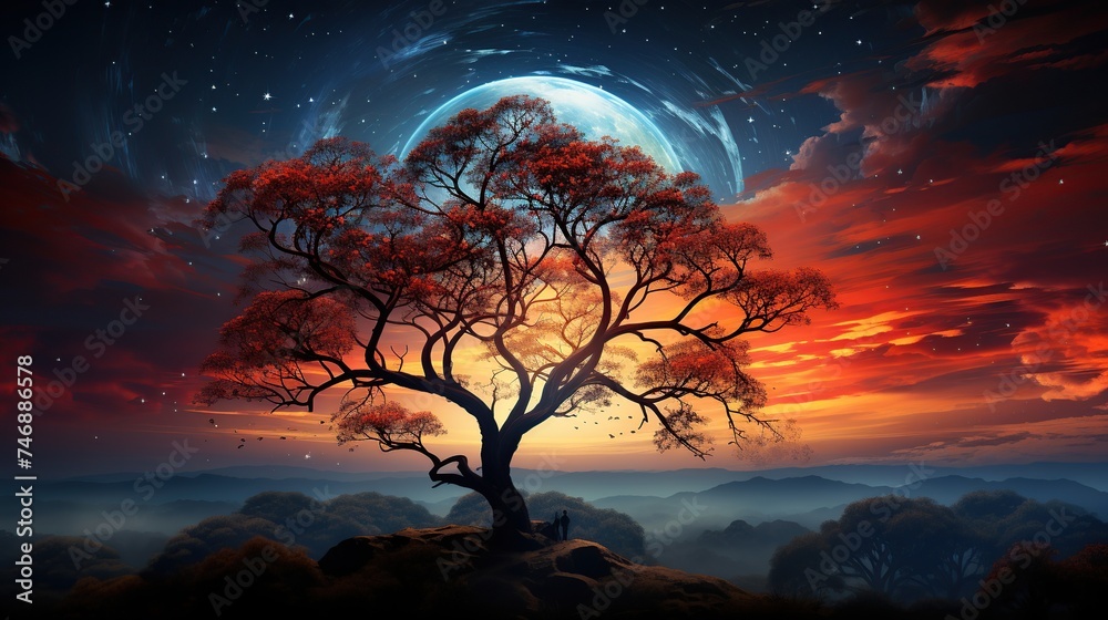 Tree on cliff with celestial backdrop