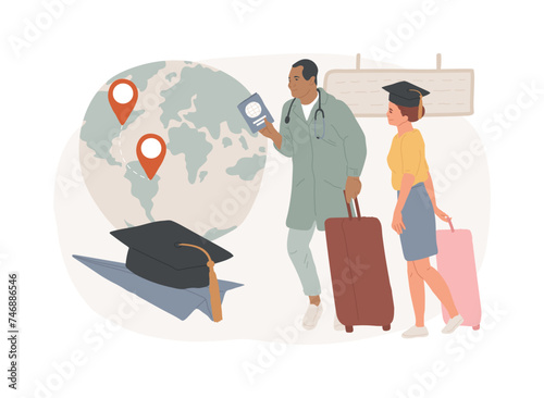 Brain drain isolated concept vector illustration. Emigration of qualified people, trained workers, human capital flight, buisness start up, man with suitcase, leave country vector concept.
