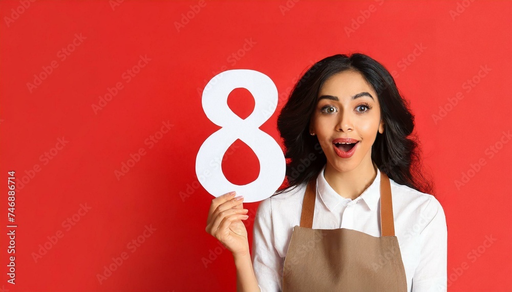Surprised woman with paper figure 8 on red background with space for text. International Women's Day Surprised woman with paper figure 8 on red background with space for text. International Women's Day