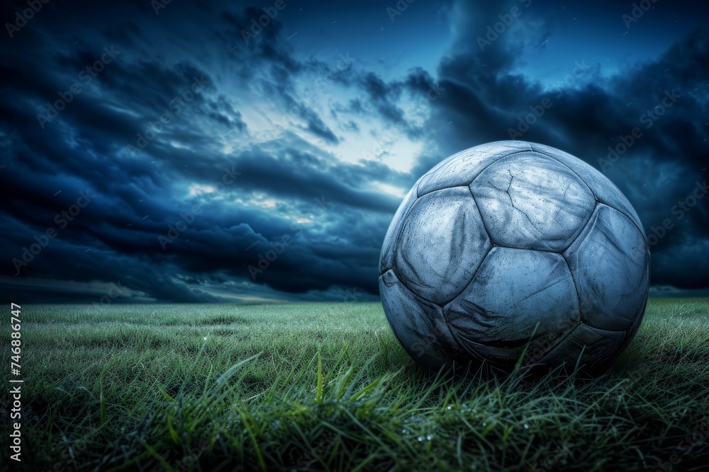 Fototapeta premium Close-up of old soccer ball in the stadium in the evening light