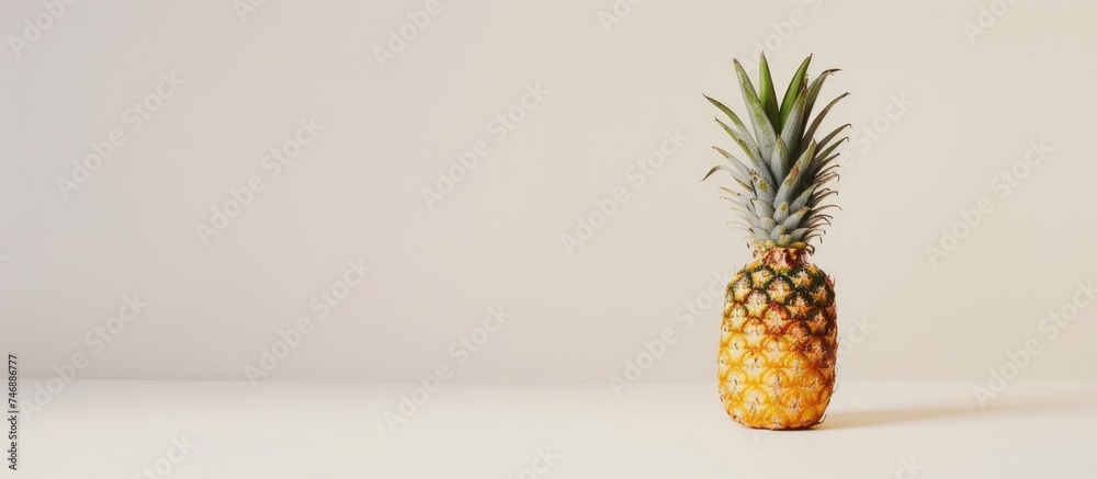 A fresh and vibrant pineapple resting on top of a clean white table surface, creating a simple yet visually appealing scene. A fresh and vibrant pineapple resting on top of a clean white table surface, creating a simple yet visually appealing scene.