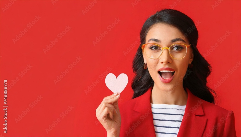 Surprised woman with paper figure 8 on red background with space for text. International Women's Day Surprised woman with paper figure 8 on red background with space for text. International Women's Day