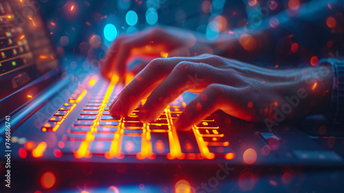Close-up photo of a person's hands typing on a laptop keyboard at night. The keyboard keys are backlit, illuminating the fingers and surrounding area.