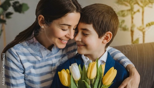 Happy adult woman with tulips smiling with closed eyes and embracing boy in gratitude while celebrating holiday mothers day at home 