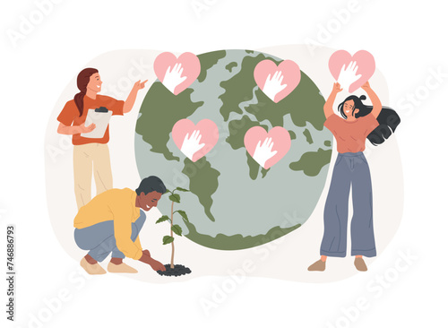 Social participation isolated concept vector illustration. Social engagement, team work, civil society participation, happy volunteers, charity people, clean garbage, plant trees vector concept.